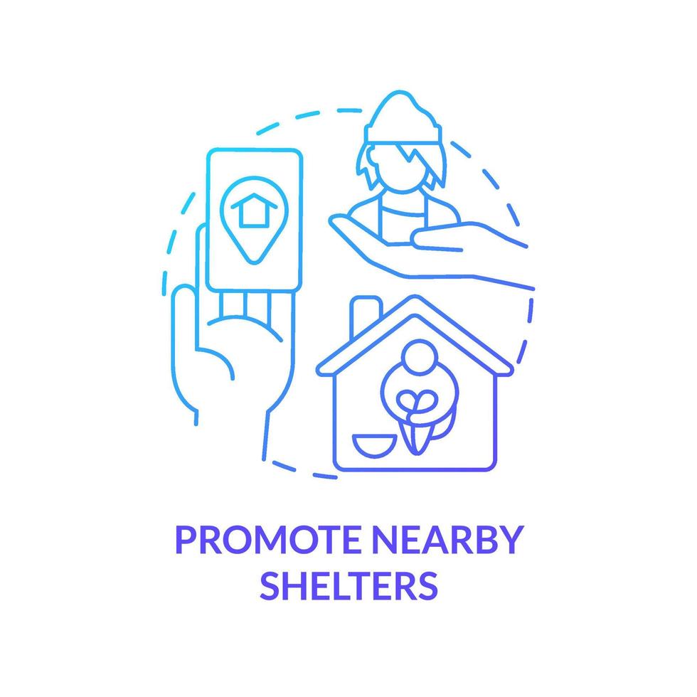 Promote nearby shelters blue gradient concept icon. Way to help homeless abstract idea thin line illustration. Providing safety and protection. Isolated outline drawing. vector