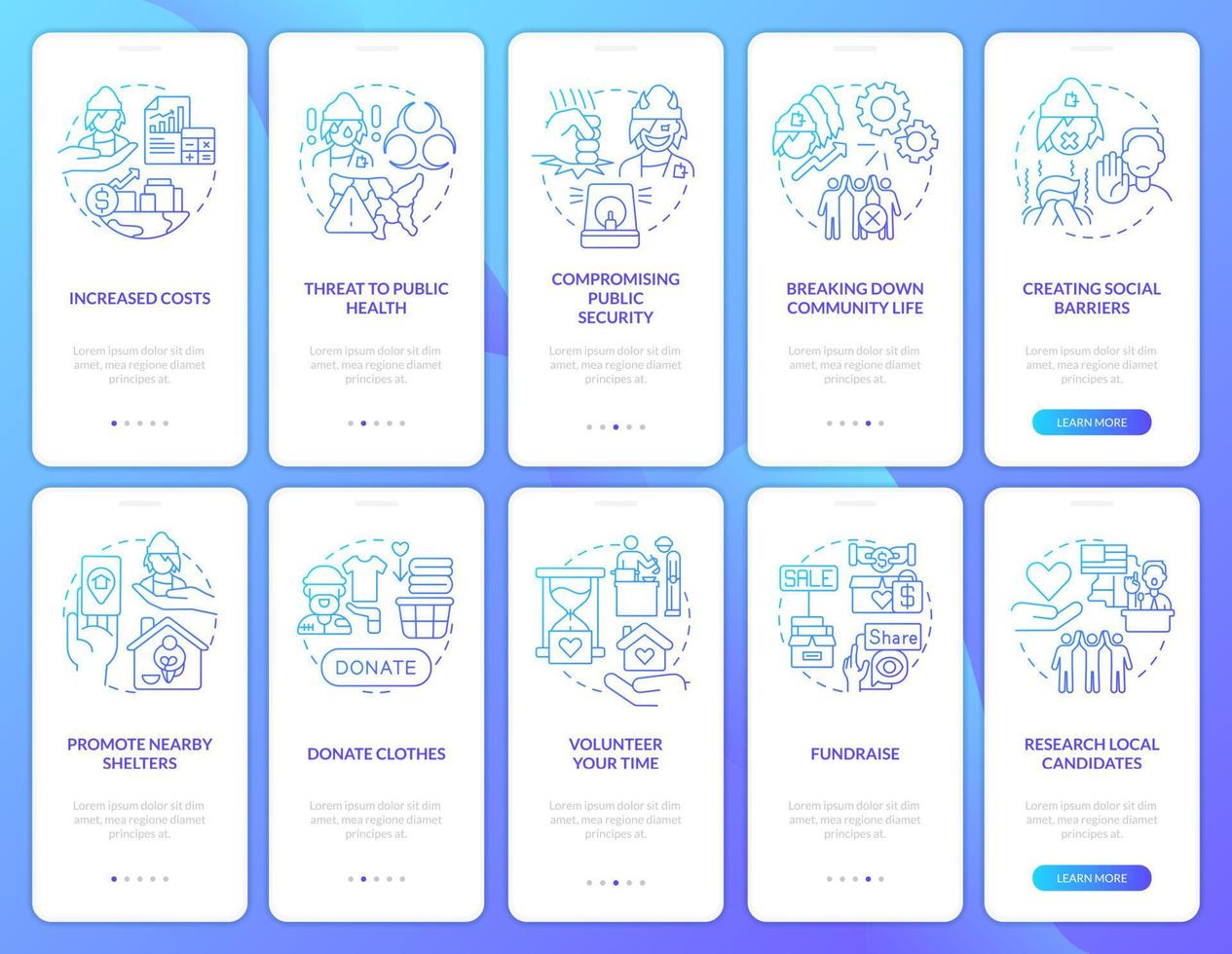 conocimiento del conjunto de pantalla de la aplicación móvil de incorporación de degradado azul del problema. tutorial 5 pasos páginas de instrucciones gráficas con conceptos lineales. interfaz de usuario, ux, plantilla de interfaz gráfica de usuario. vector