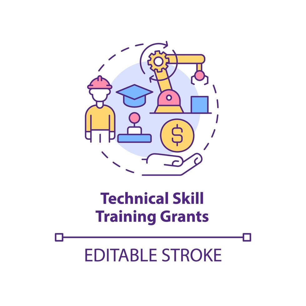 Technical skill training grants concept icon. Small business incentives abstract idea thin line illustration. Isolated outline drawing. Editable stroke. vector