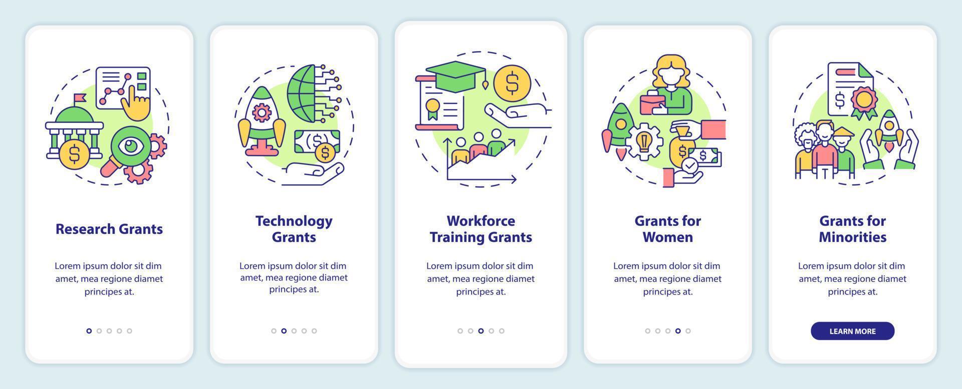 Types of grants onboarding mobile app screen. Program for business walkthrough 5 steps graphic instructions pages with linear concepts. UI, UX, GUI template. vector
