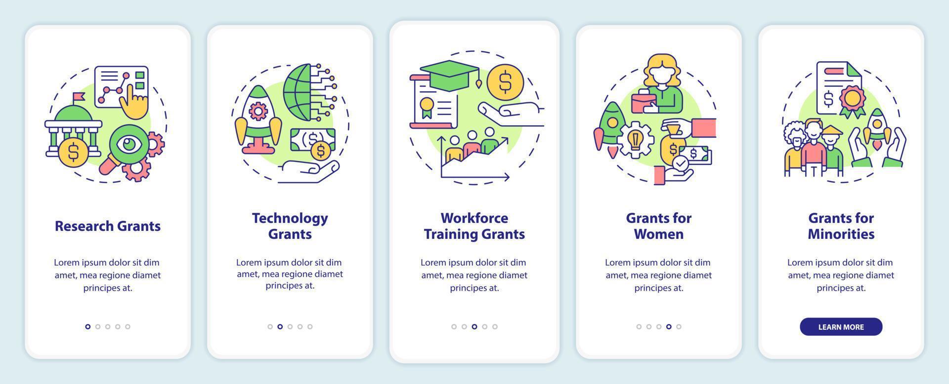 tipos de subvenciones que incorporan la pantalla de la aplicación móvil. programa para tutorial de negocios 5 pasos páginas de instrucciones gráficas con conceptos lineales. interfaz de usuario, ux, plantilla de interfaz gráfica de usuario. vector