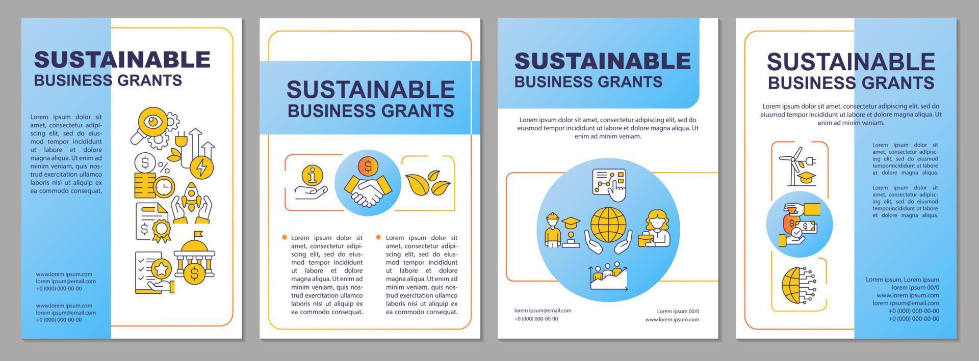 Sustainable business grants blue brochure template. Eco-friendly work. Leaflet design with linear icons. 4 vector layouts for presentation, annual reports.