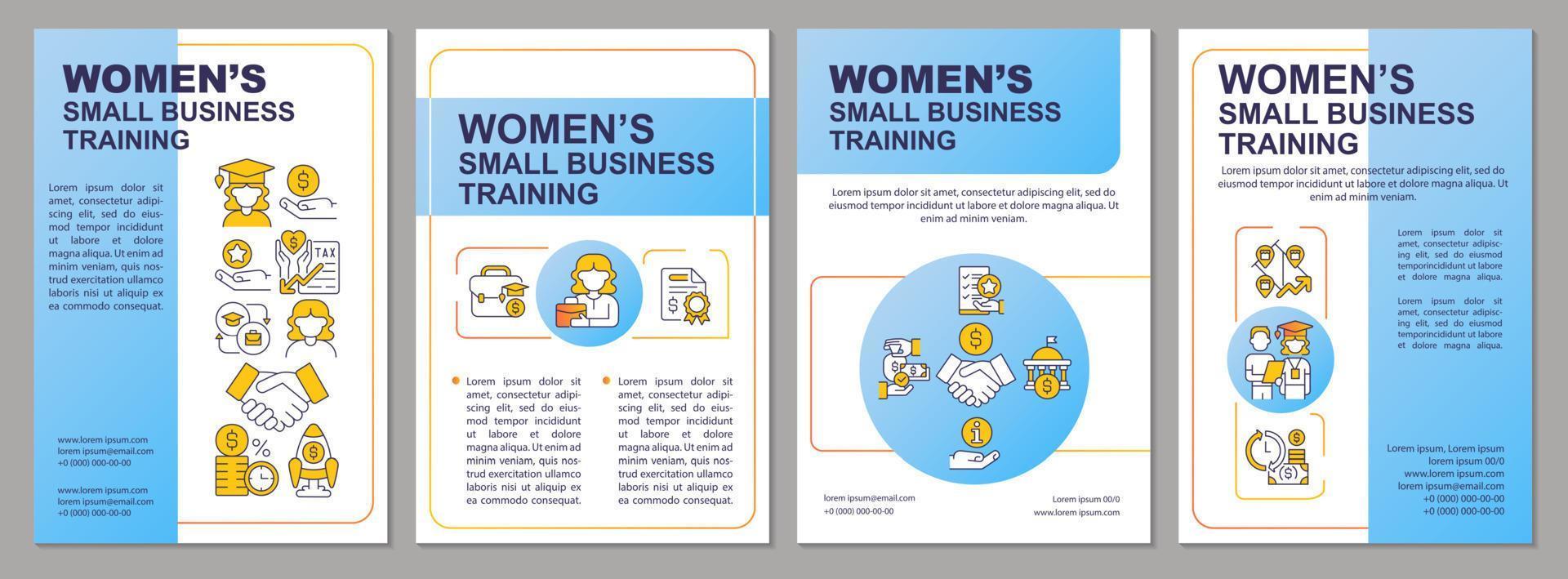 Training for women in small business blue brochure template. Leaflet design with linear icons. 4 vector layouts for presentation, annual reports.