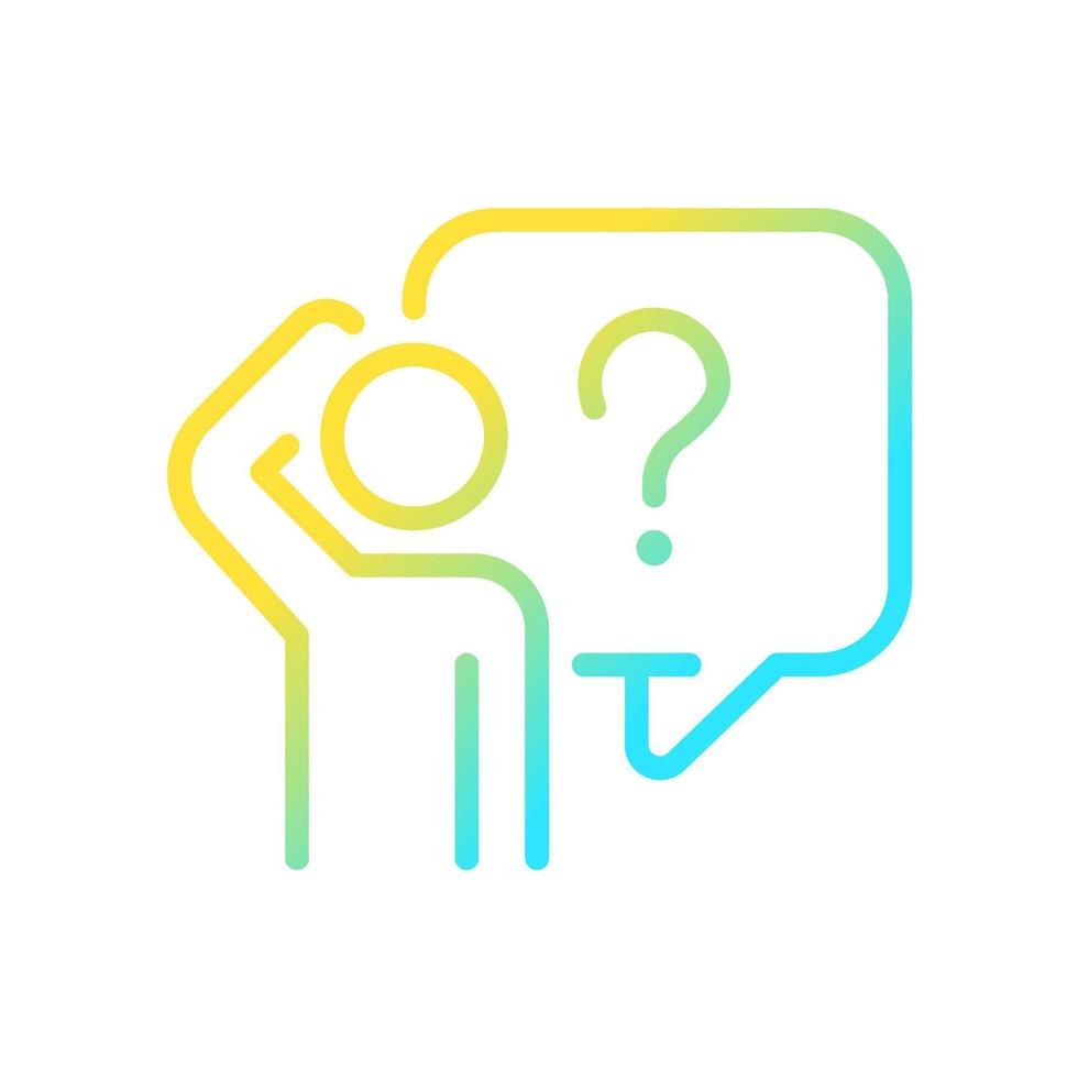 Bewildered person gradient linear vector icon. Solving of different problems. Searching information service. Thin line color symbol. Modern style pictogram. Vector isolated outline drawing