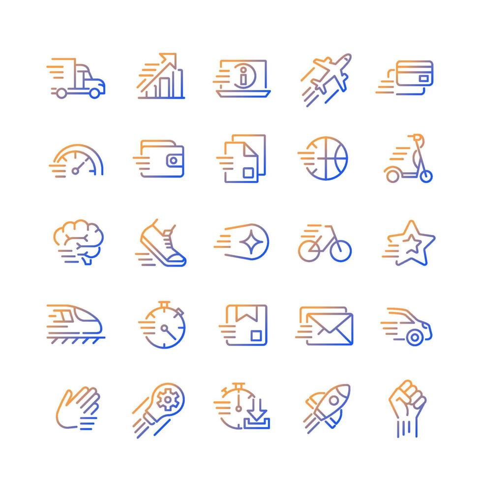 Motion gradient linear vector icons set. Motor vehicle. Sport activity. Dynamic movement. Development. Thin line contour symbol designs bundle. Isolated outline illustrations collection