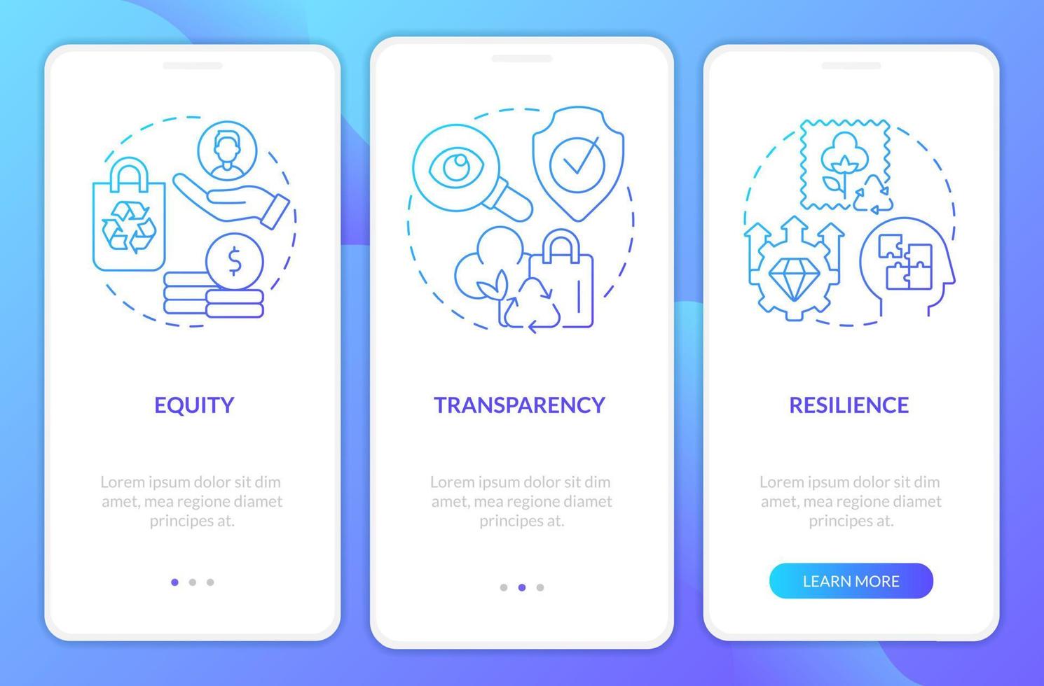 Circular economy principles blue gradient onboarding mobile app screen. Walkthrough 3 steps graphic instructions pages with linear concepts. UI, UX, GUI template. vector