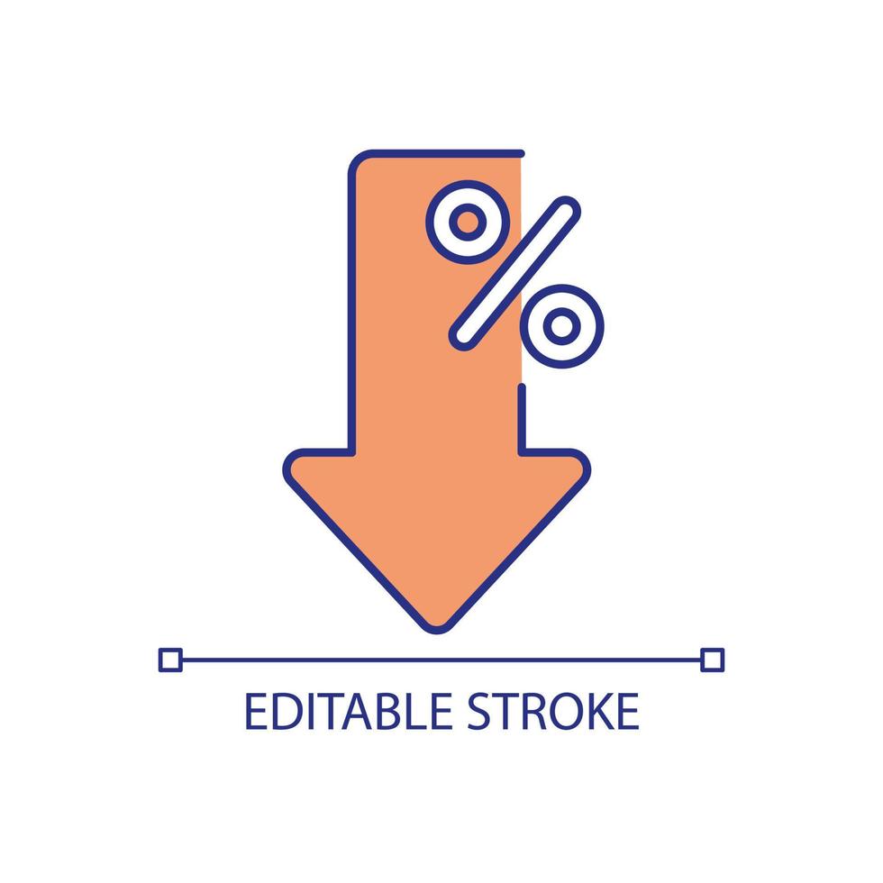 Red arrow down and percent RGB color icon. Financial crisis. Default and destructive business process. Isolated vector illustration. Simple filled line drawing.
