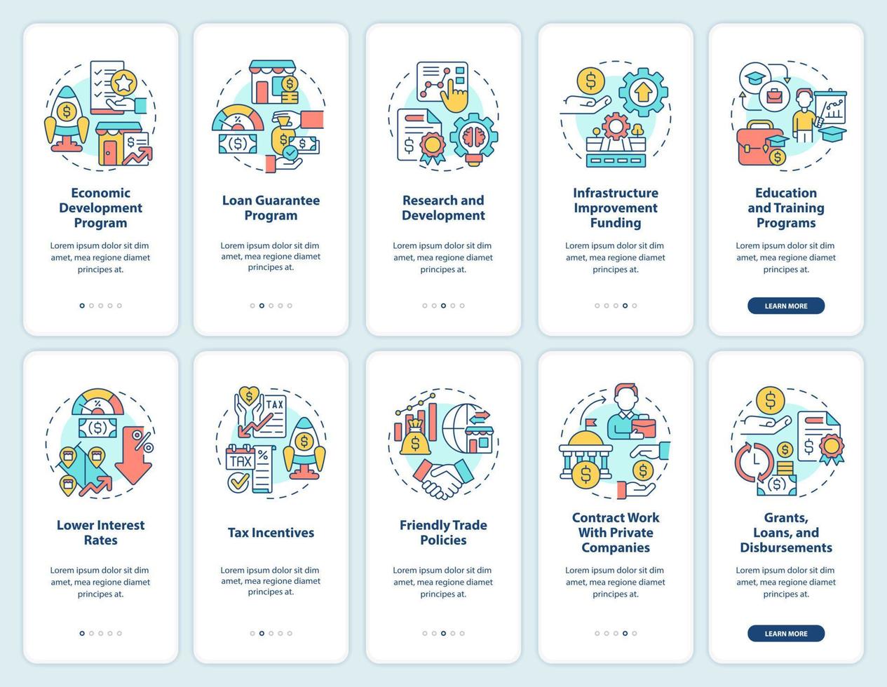 Small business incentives onboarding mobile app screen set. Support walkthrough 5 steps graphic instructions pages with linear concepts. UI, UX, GUI template. vector