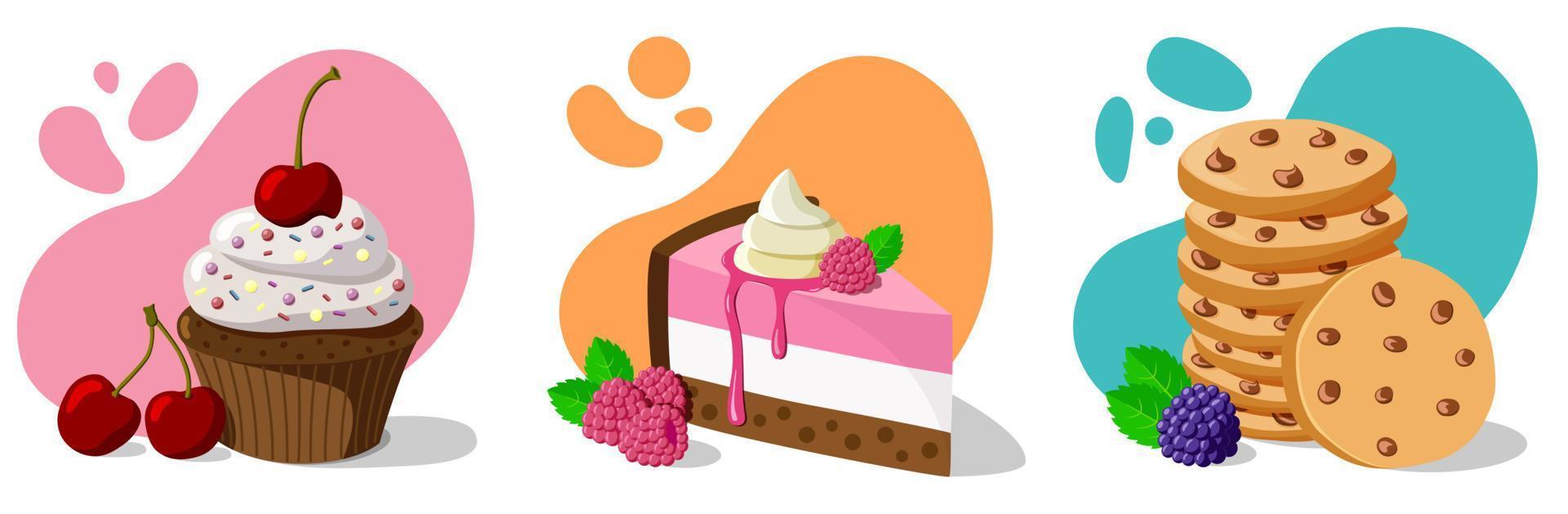 juego de postre horneado con bayas sobre un fondo colorido. diseño vectorial plano. ilustración vectorial vector