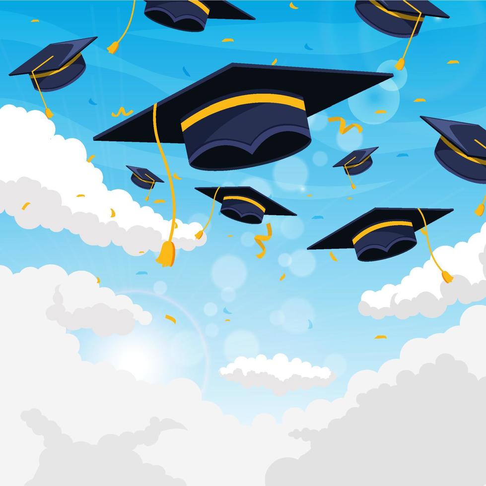 Graduation Caps in the Sky Background with Cloud vector