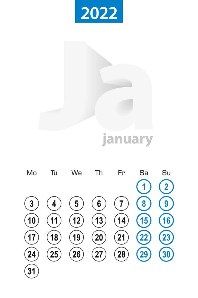 Calendar for January 2022, blue circle design. English language, week starts on Monday. vector