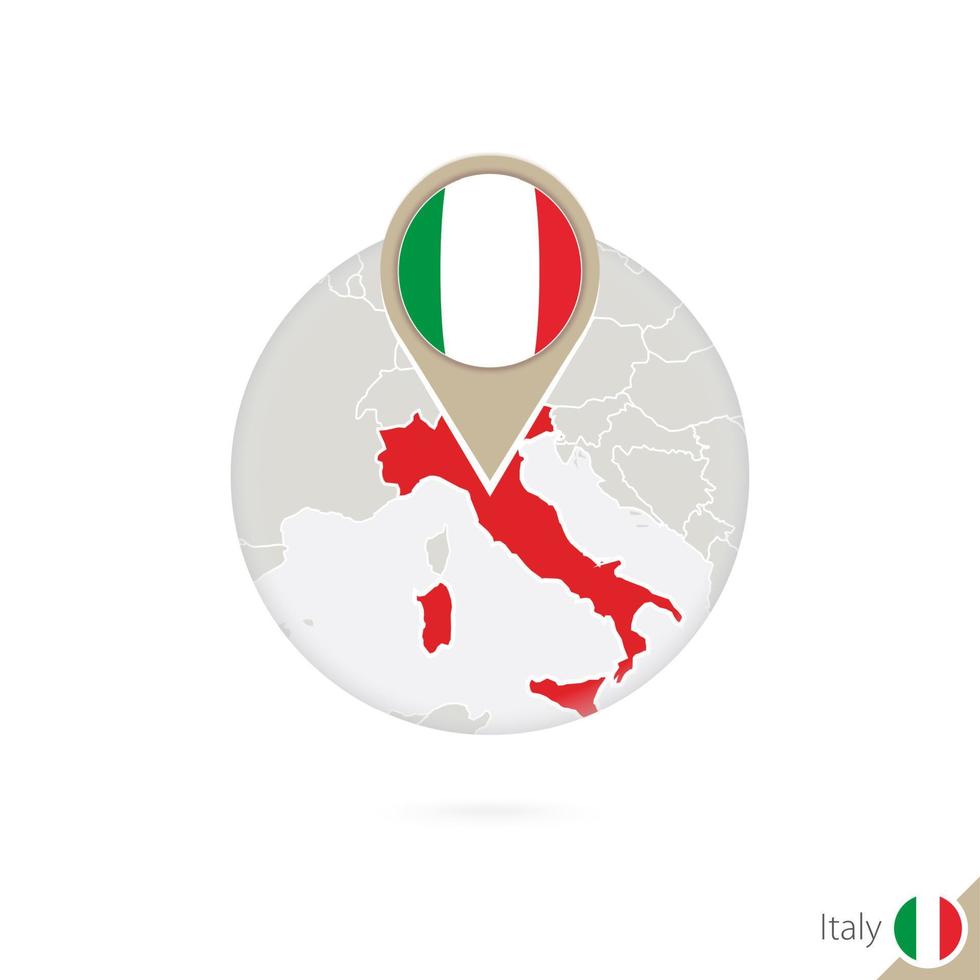 mapa de italia y bandera en círculo. mapa de italia, alfiler de bandera de italia. mapa de italia al estilo del mundo. vector