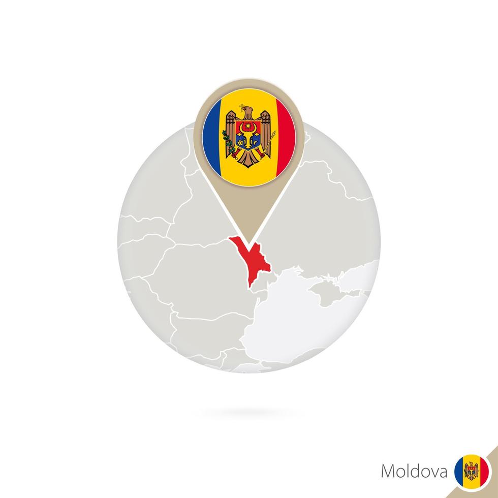 Moldova map and flag in circle. Map of Moldova, Moldova flag pin. Map of Moldova in the style of the globe. vector