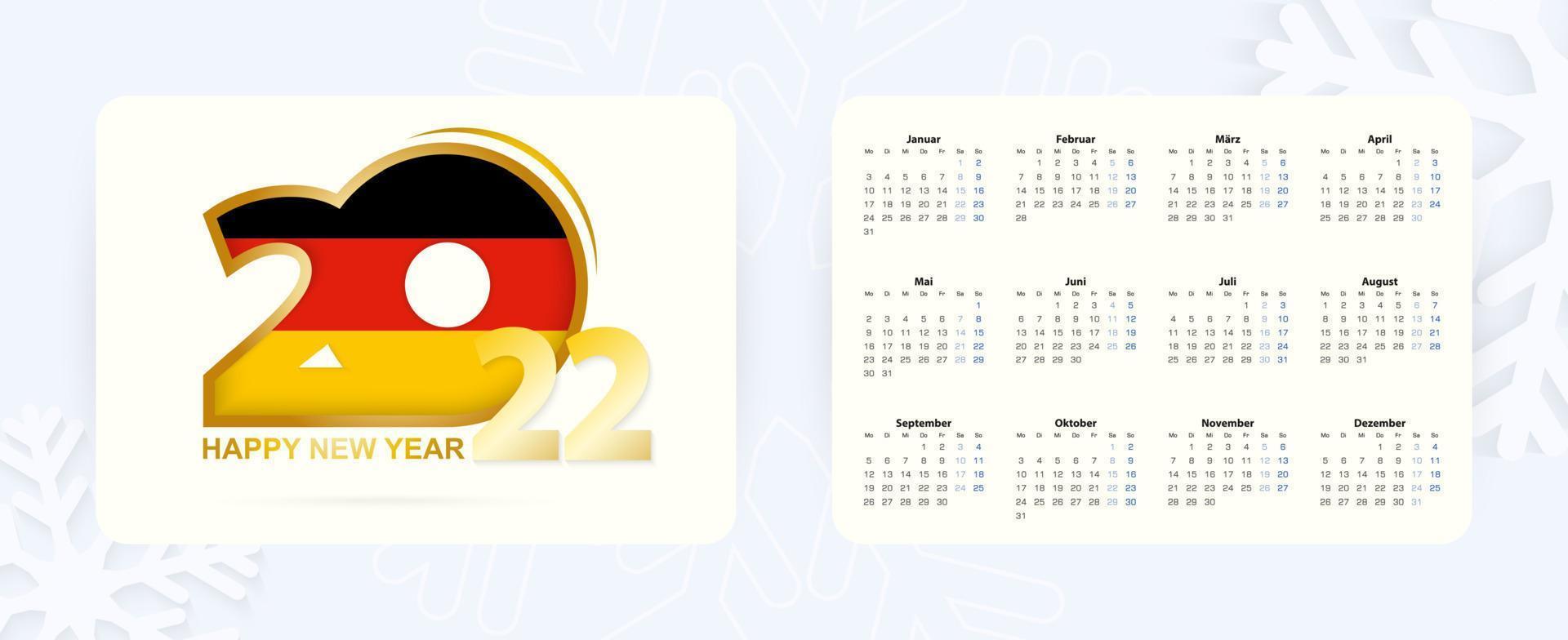 calendario de bolsillo horizontal 2022 en alemán. icono de año nuevo 2022 con bandera de alemania. meses y semanas del día están escritos en alemán. vector