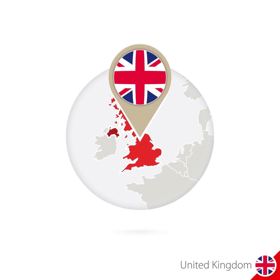 United Kingdom map and flag in circle. Map of United Kingdom, United Kingdom flag pin. Map of United Kingdom in the style of the globe. vector