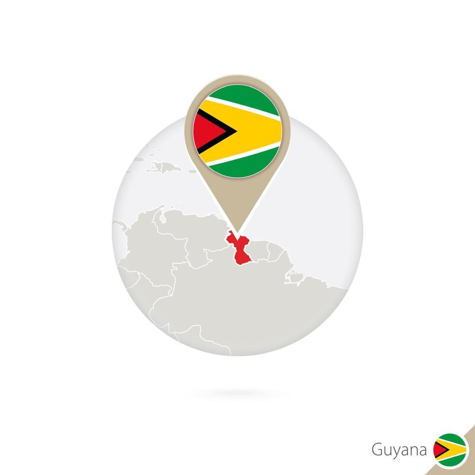 Guyana map and flag in circle. Map of Guyana, Guyana flag pin. Map of Guyana in the style of the globe. vector