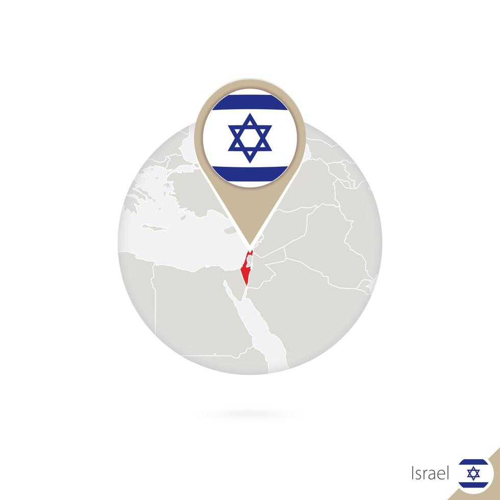 Israel mapa y bandera en círculo. mapa de israel, alfiler de la bandera de israel. mapa de israel al estilo del mundo. vector