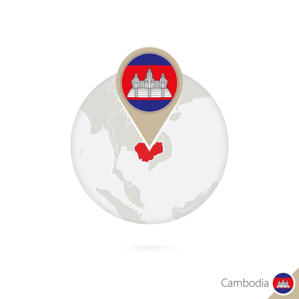 Cambodia map and flag in circle. Map of Cambodia, Cambodia flag pin. Map of Cambodia in the style of the globe. vector