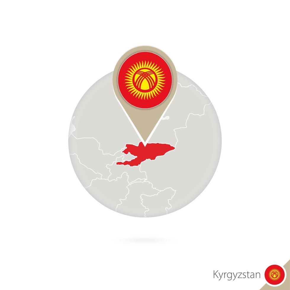 Kyrgyzstan map and flag in circle. Map of Kyrgyzstan, Kyrgyzstan flag pin. Map of Kyrgyzstan in the style of the globe. vector