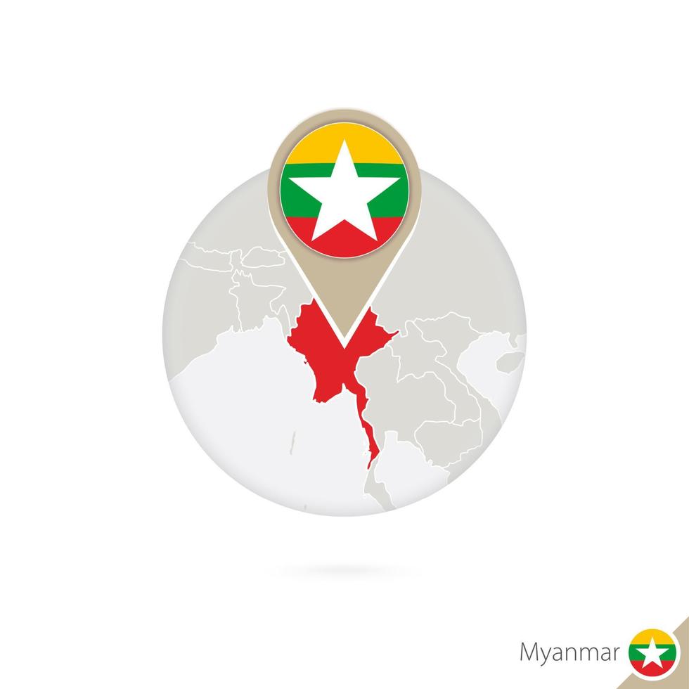 myanmar mapa y bandera en círculo. mapa de myanmar, alfiler de la bandera de myanmar. mapa de myanmar al estilo del mundo. vector