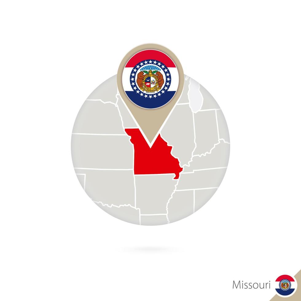Missouri US State map and flag in circle. Map of Missouri, Missouri flag pin. Map of Missouri in the style of the globe. vector