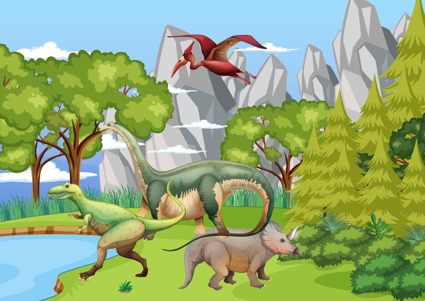 bosque prehistórico con dibujos animados de dinosaurios vector