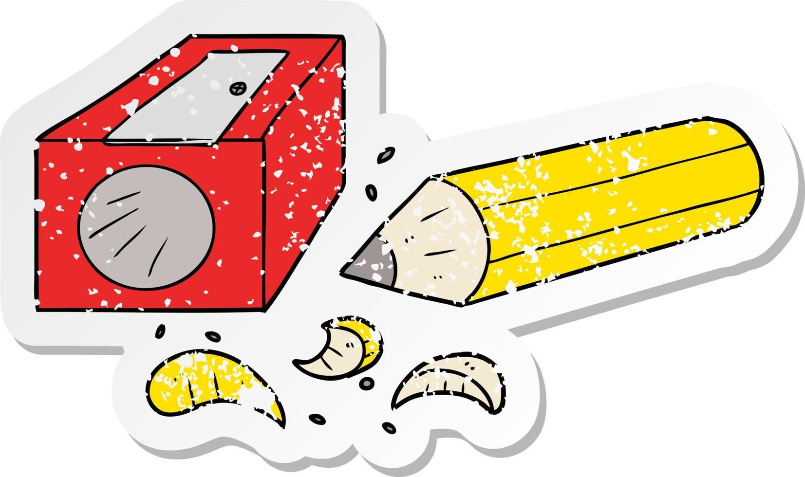 distressed sticker of a cartoon pencil and sharpener vector