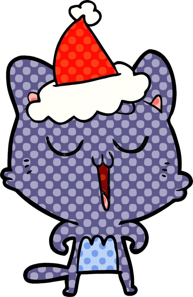 comic book style illustration of a cat singing wearing santa hat vector