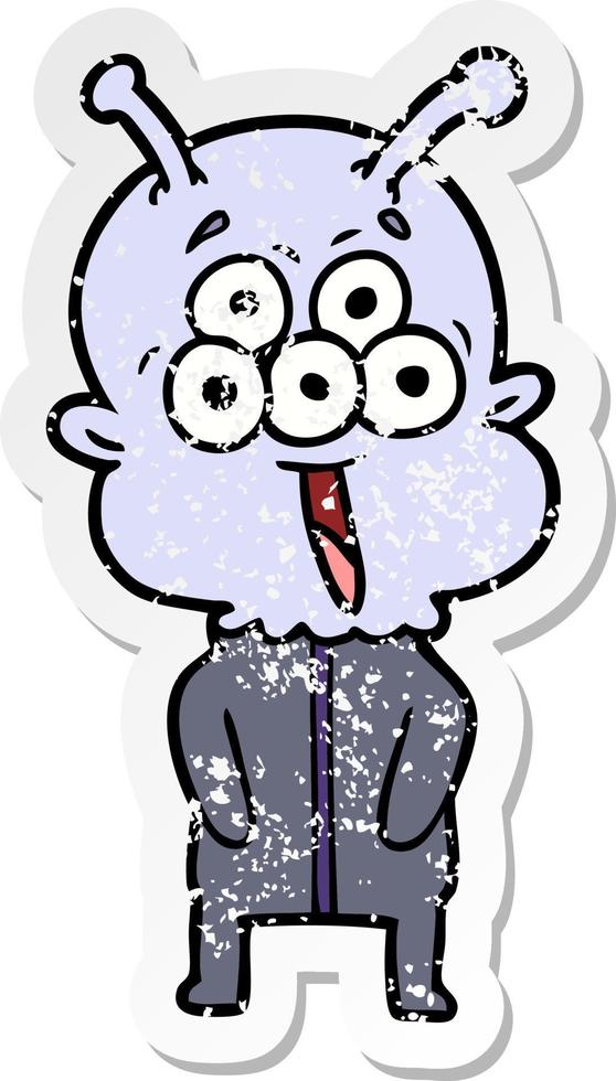 distressed sticker of a happy cartoon alien vector