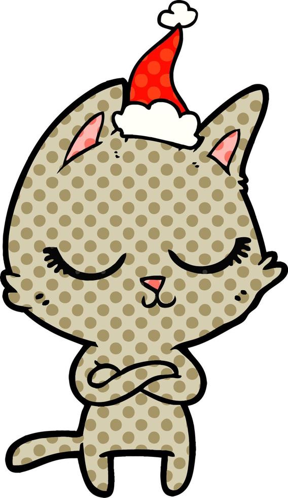 calm comic book style illustration of a cat wearing santa hat vector