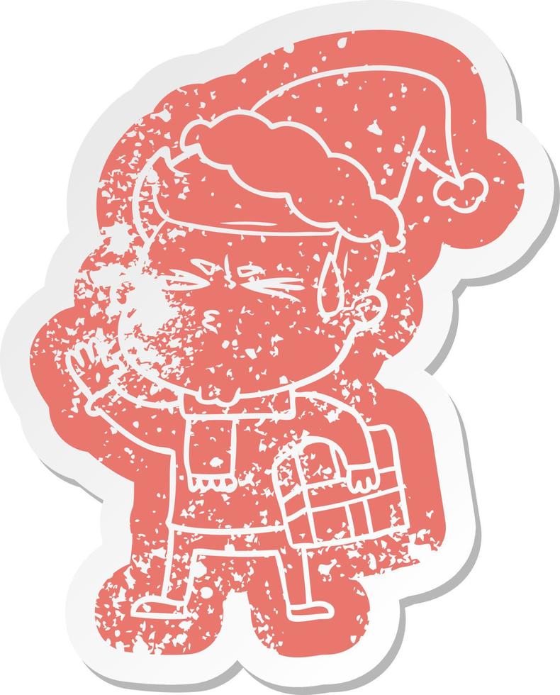 cartoon distressed sticker of a man sweating wearing santa hat vector