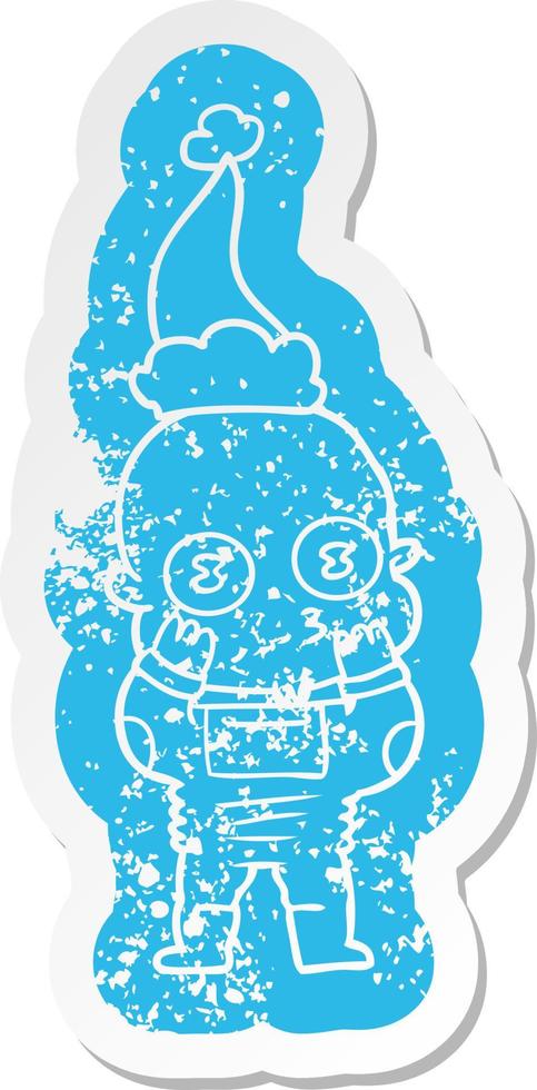 cartoon distressed sticker of a weird bald spaceman wearing santa hat vector
