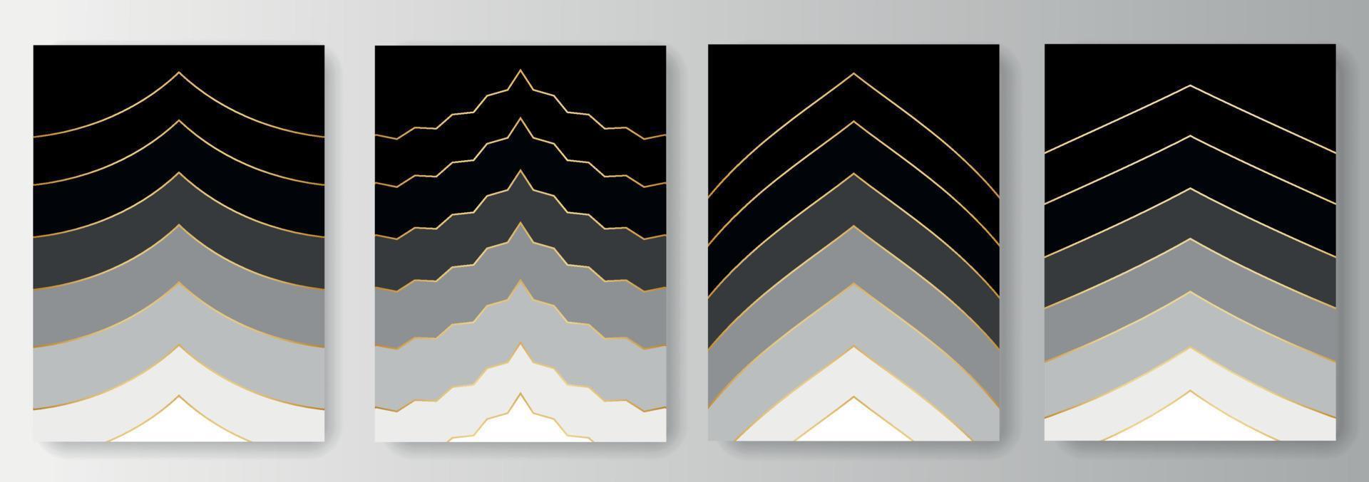 colección de fondos negros con formas abstractas con líneas doradas vector