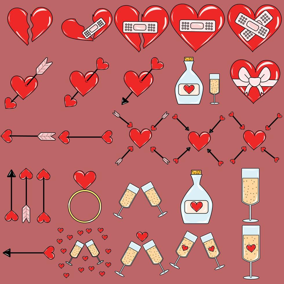 Big set collection of elements with red hearts vector