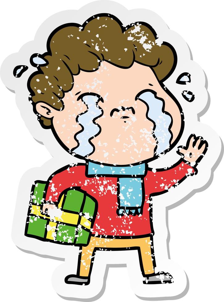 distressed sticker of a cartoon man crying vector