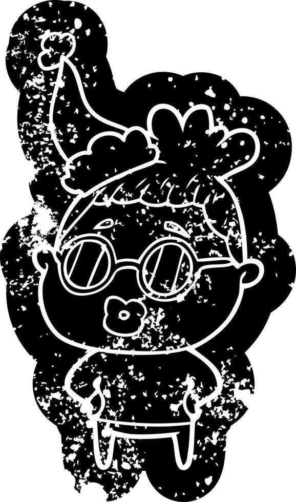 cartoon distressed icon of a librarian woman wearing spectacles wearing santa hat vector