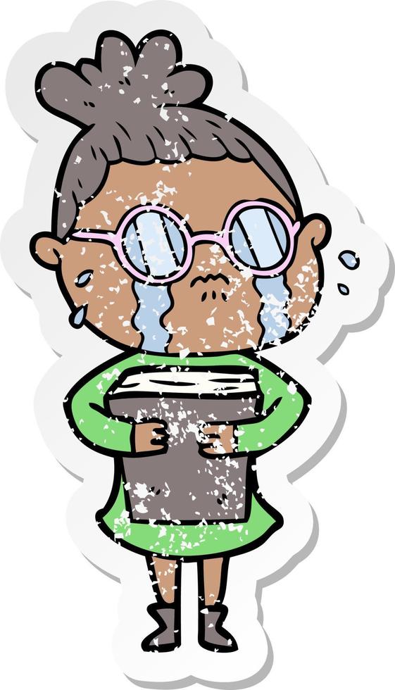 distressed sticker of a cartoon crying woman wearing spectacles vector