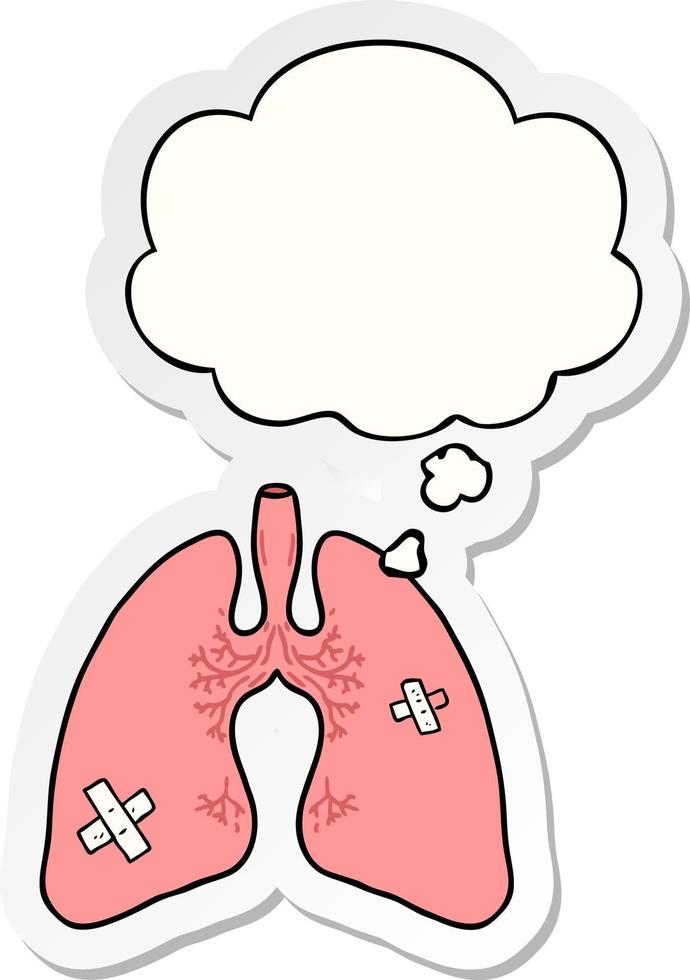 pulmones de dibujos animados y burbuja de pensamiento como pegatina impresa vector