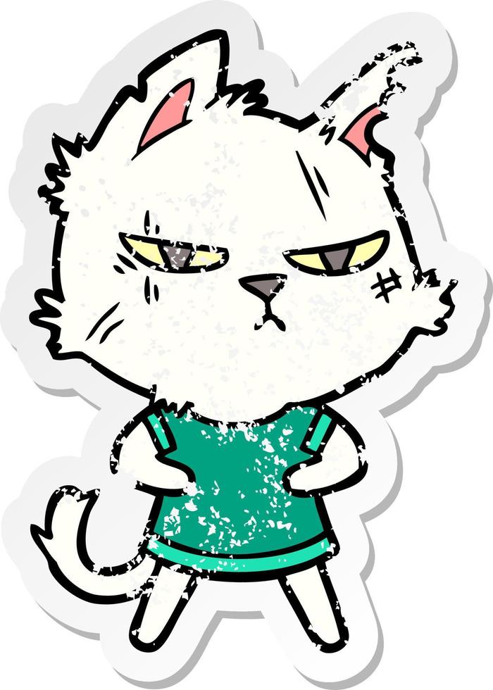 distressed sticker of a tough cartoon cat vector