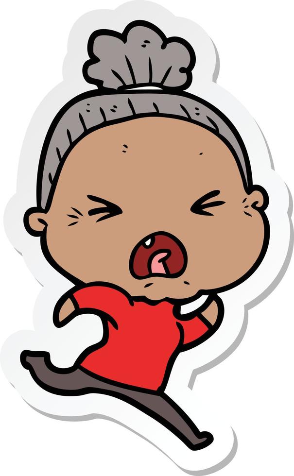 sticker of a cartoon angry old woman vector