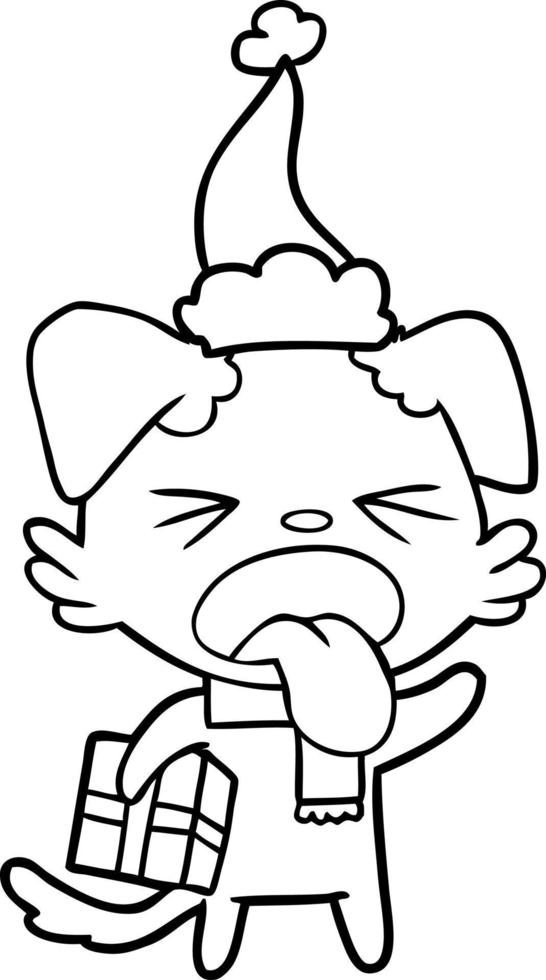 line drawing of a disgusted dog with christmas gift wearing santa hat vector