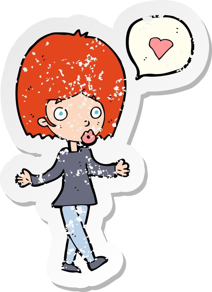 retro distressed sticker of a cartoon woman in love shrugging shoulders vector