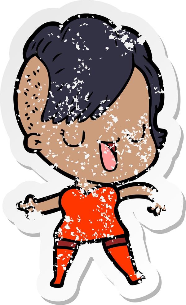 distressed sticker of a cute cartoon girl with hipster haircut vector