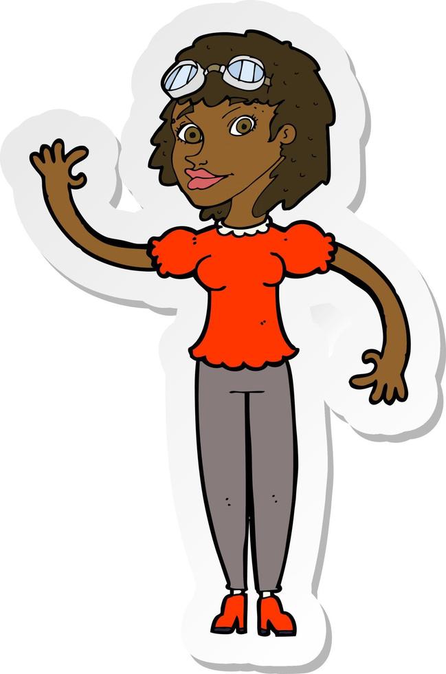 sticker of a cartoon pilot woman waving vector