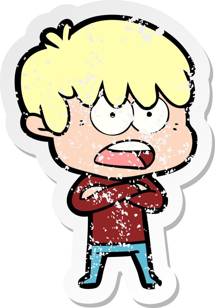 distressed sticker of a worried cartoon boy vector
