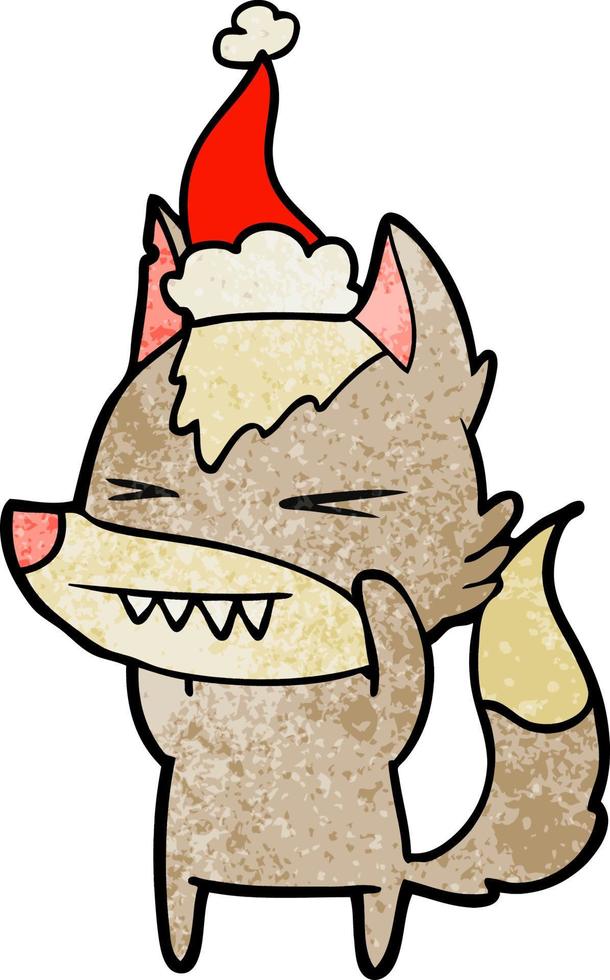 angry wolf textured cartoon of a wearing santa hat vector