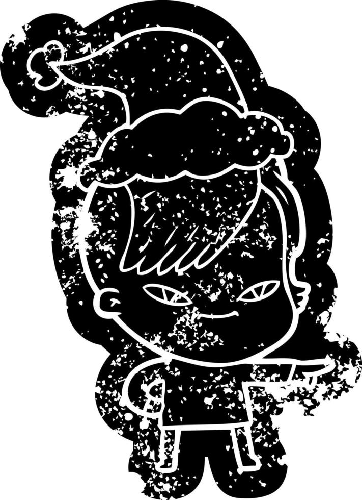 cute cartoon distressed icon of a girl with hipster haircut wearing santa hat vector