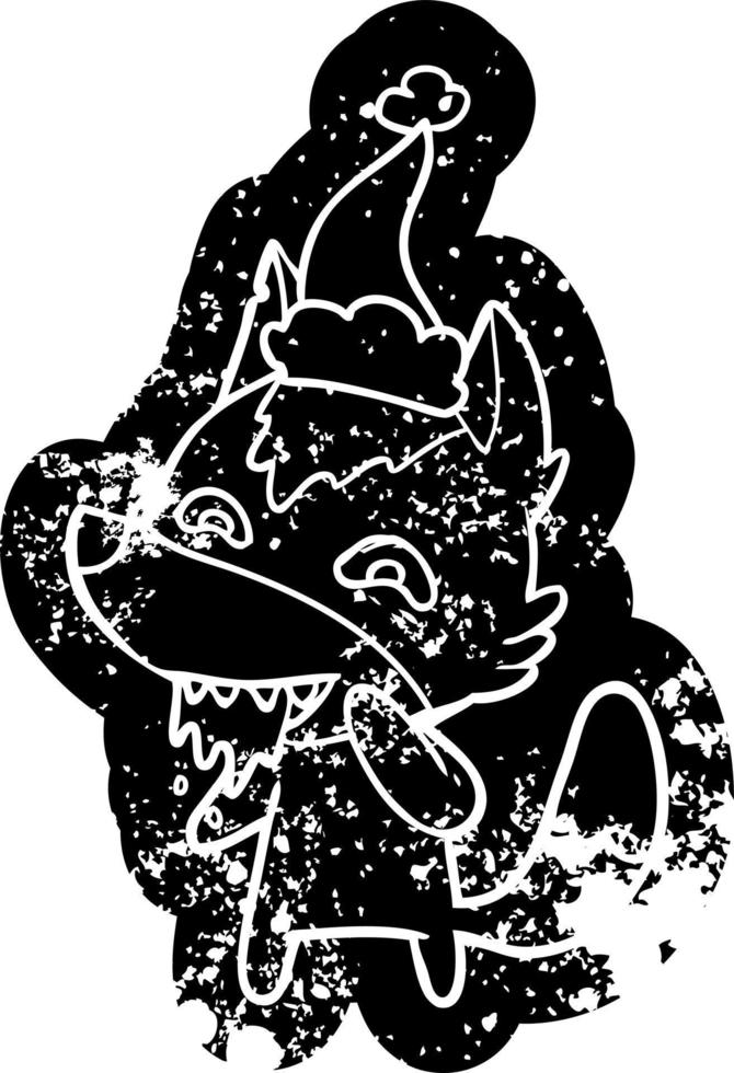 cartoon distressed icon of a hungry wolf wearing santa hat vector