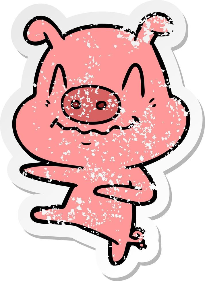 distressed sticker of a nervous cartoon pig dancing vector