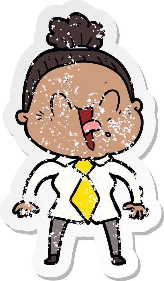 distressed sticker of a cartoon happy old woman vector